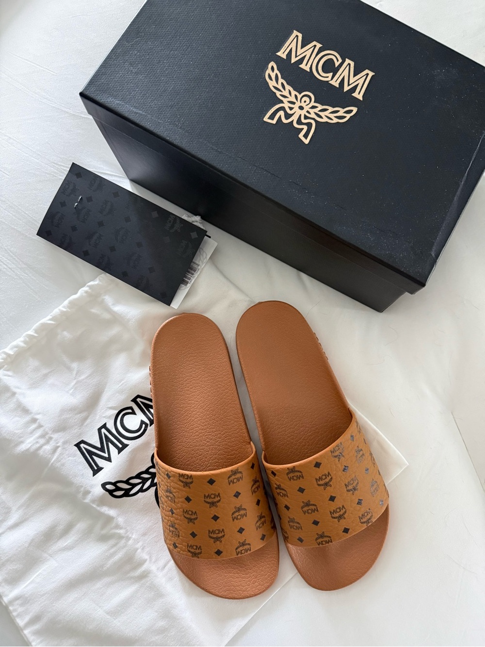 MCM Cognac Logo-Print Slide Sandals UNISEX